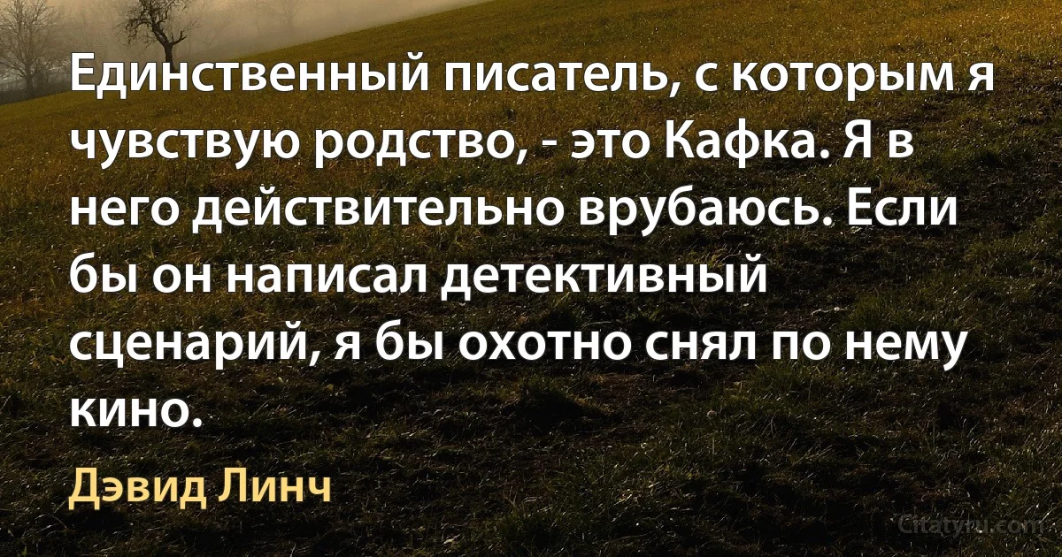 Единственный писатель, с которым я чувствую родство, - это Кафка. Я в него действительно врубаюсь. Если бы он написал детективный сценарий, я бы охотно снял по нему кино. (Дэвид Линч)