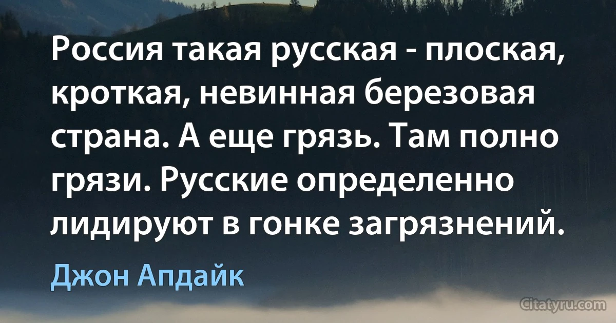 Россия такая русская - плоская, кроткая, невинная березовая страна. А еще грязь. Там полно грязи. Русские определенно лидируют в гонке загрязнений. (Джон Апдайк)