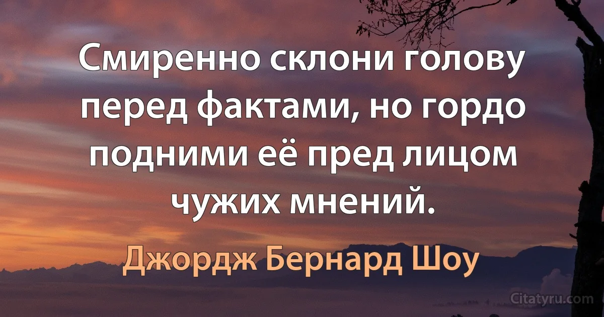 Смиренно склони голову перед фактами, но гордо подними её пред лицом чужих мнений. (Джордж Бернард Шоу)