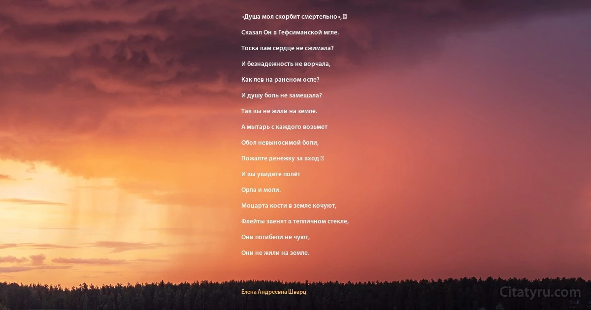 «Душа моя скорбит смертельно», ―

Сказал Он в Гефсиманской мгле.

Тоска вам сердце не сжимала?

И безнадежность не ворчала,

Как лев на раненом осле?

И душу боль не замещала?

Так вы не жили на земле.

А мытарь с каждого возьмет

Обол невыносимой боли,

Пожалте денежку за вход ―

И вы увидете полёт

Орла и моли.

Моцарта кости в земле кочуют,

Флейты звенят в тепличном стекле,

Они погибели не чуют,

Они не жили на земле. (Елена Андреевна Шварц)