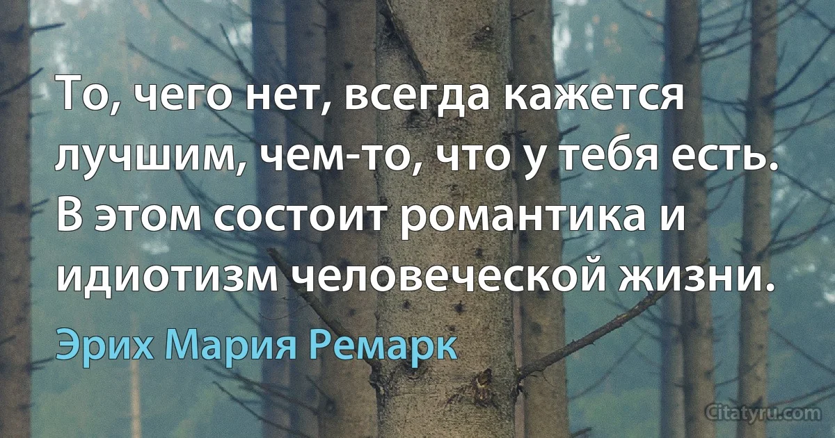 То, чего нет, всегда кажется лучшим, чем-то, что у тебя есть. В этом состоит романтика и идиотизм человеческой жизни. (Эрих Мария Ремарк)