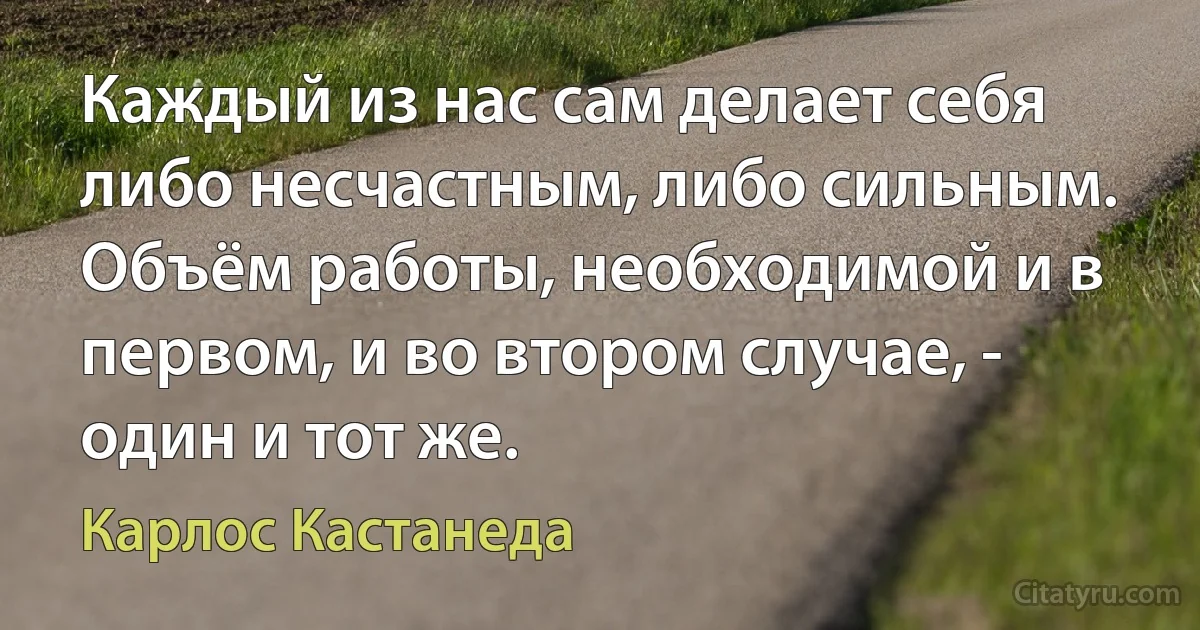 Каждый из нас сам делает себя либо несчастным, либо сильным. Объём работы, необходимой и в первом, и во втором случае, - один и тот же. (Карлос Кастанеда)