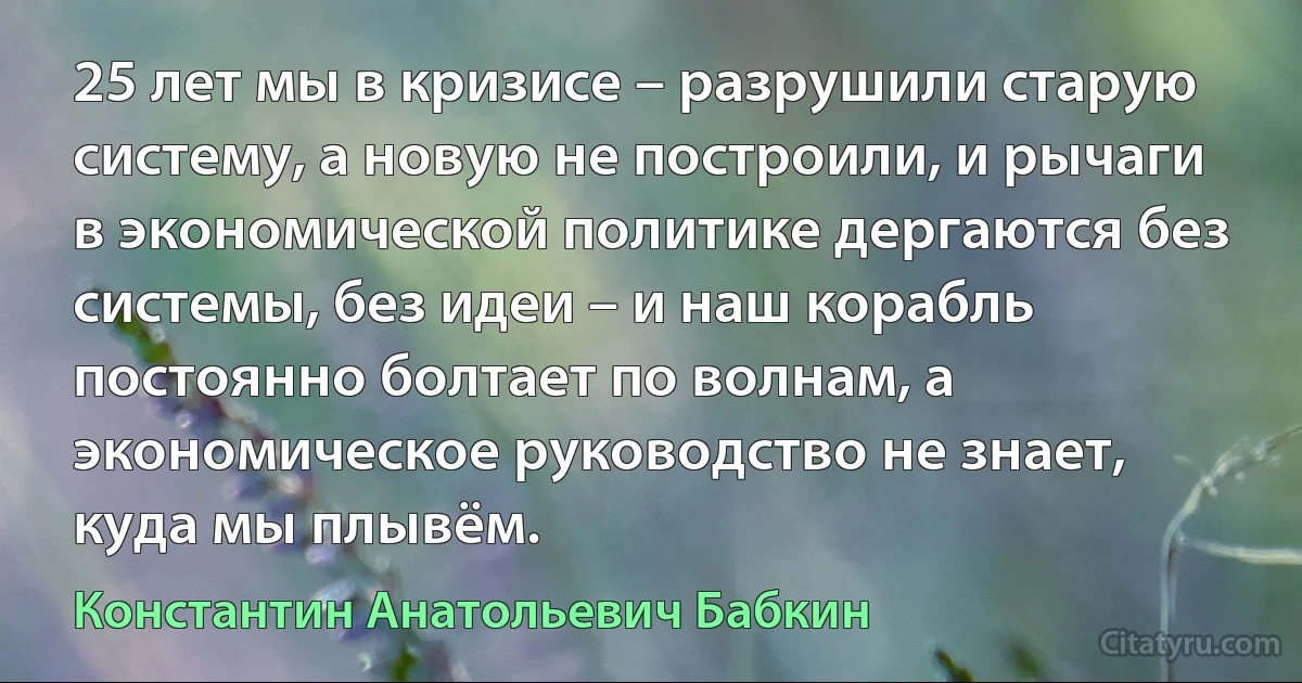 25 лет мы в кризисе – разрушили старую систему, а новую не построили, и рычаги в экономической политике дергаются без системы, без идеи – и наш корабль постоянно болтает по волнам, а экономическое руководство не знает, куда мы плывём. (Константин Анатольевич Бабкин)