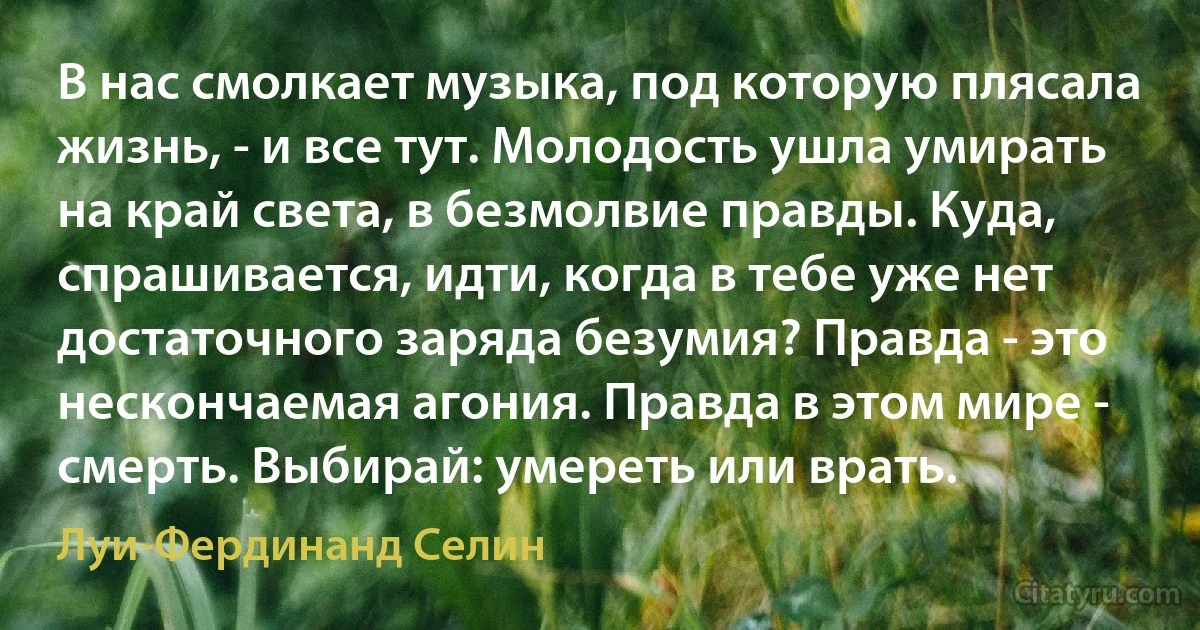 В нас смолкает музыка, под которую плясала жизнь, - и все тут. Молодость ушла умирать на край света, в безмолвие правды. Куда, спрашивается, идти, когда в тебе уже нет достаточного заряда безумия? Правда - это нескончаемая агония. Правда в этом мире - смерть. Выбирай: умереть или врать. (Луи-Фердинанд Селин)