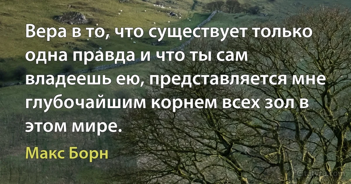 Вера в то, что существует только одна правда и что ты сам владеешь ею, представляется мне глубочайшим корнем всех зол в этом мире. (Макс Борн)