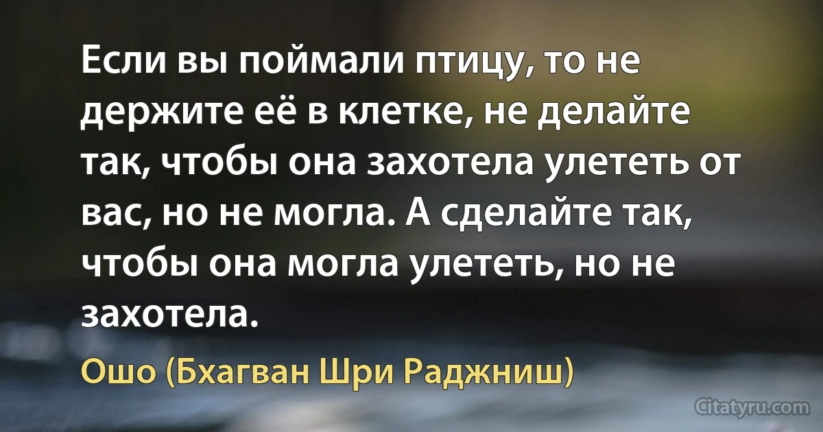 Если вы поймали птицу, то не держите её в клетке, не делайте так, чтобы она захотела улететь от вас, но не могла. А сделайте так, чтобы она могла улететь, но не захотела. (Ошо (Бхагван Шри Раджниш))