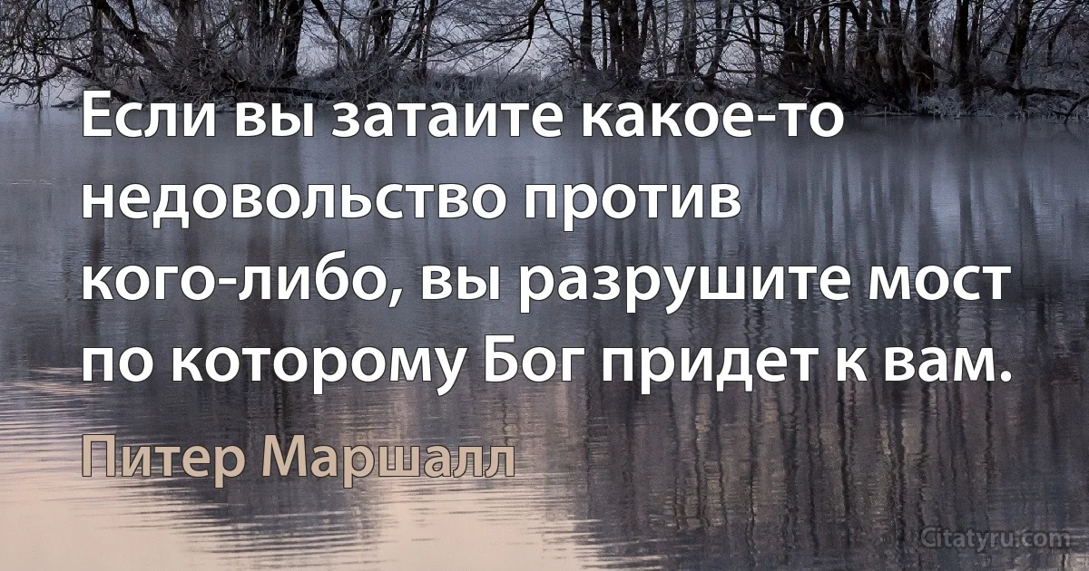 Если вы затаите какое-то недовольство против кого-либо, вы разрушите мост по которому Бог придет к вам. (Питер Маршалл)