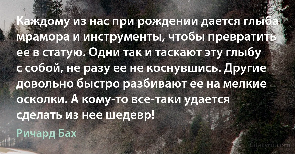 Каждому из нас при рождении дается глыба мрамора и инструменты, чтобы превратить ее в статую. Одни так и таскают эту глыбу с собой, не разу ее не коснувшись. Другие довольно быстро разбивают ее на мелкие осколки. А кому-то все-таки удается сделать из нее шедевр! (Ричард Бах)