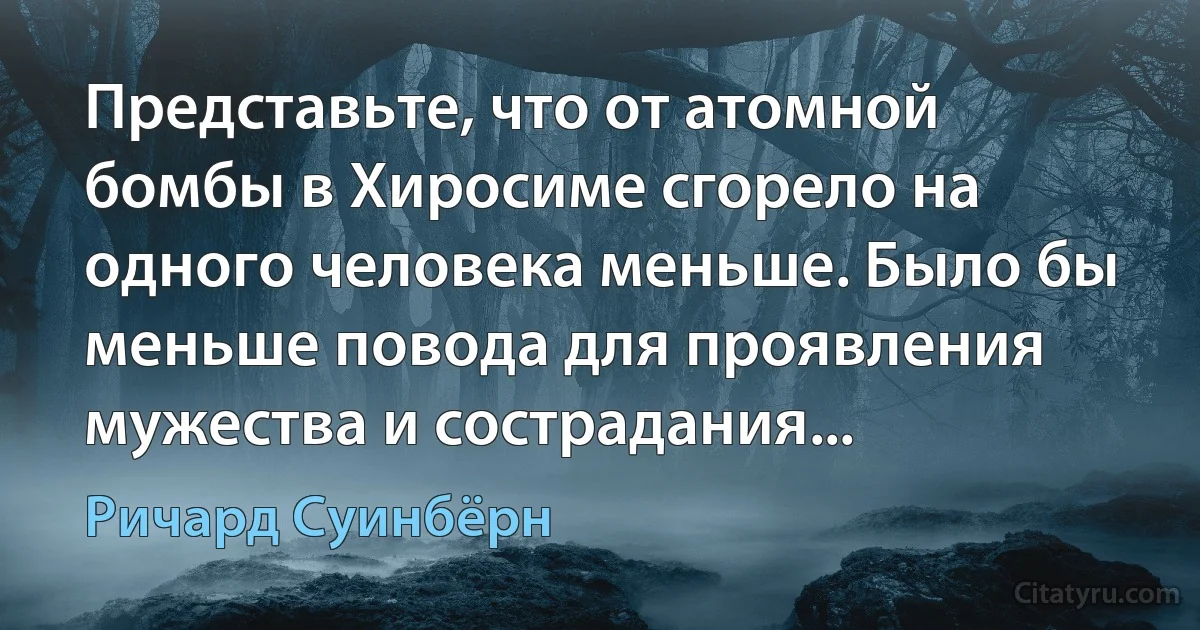 Представьте, что от атомной бомбы в Хиросиме сгорело на одного человека меньше. Было бы меньше повода для проявления мужества и сострадания... (Ричард Суинбёрн)