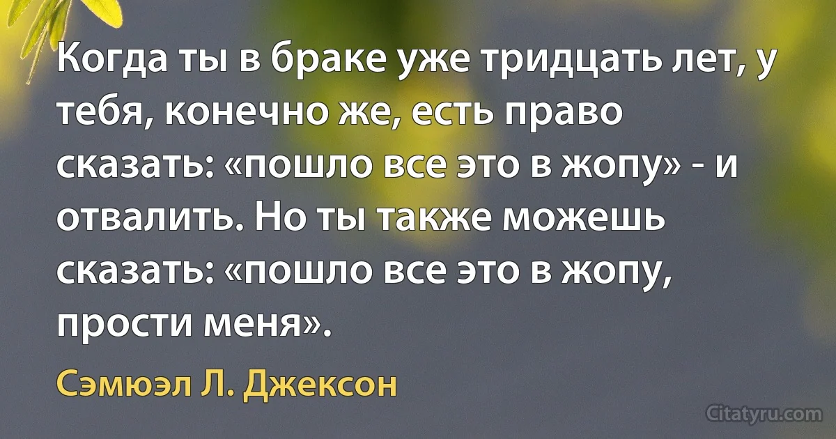 Когда ты в браке уже тридцать лет, у тебя, конечно же, есть право сказать: «пошло все это в жопу» - и отвалить. Но ты также можешь сказать: «пошло все это в жопу, прости меня». (Сэмюэл Л. Джексон)