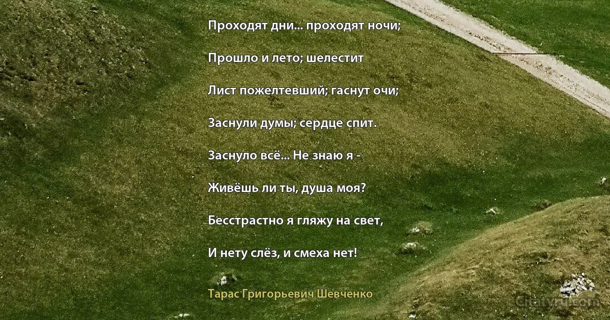 Проходят дни... проходят ночи;

Прошло и лето; шелестит

Лист пожелтевший; гаснут очи;

Заснули думы; сердце спит.

Заснуло всё... Не знаю я -

Живёшь ли ты, душа моя?

Бесстрастно я гляжу на свет,

И нету слёз, и смеха нет! (Тарас Григорьевич Шевченко)