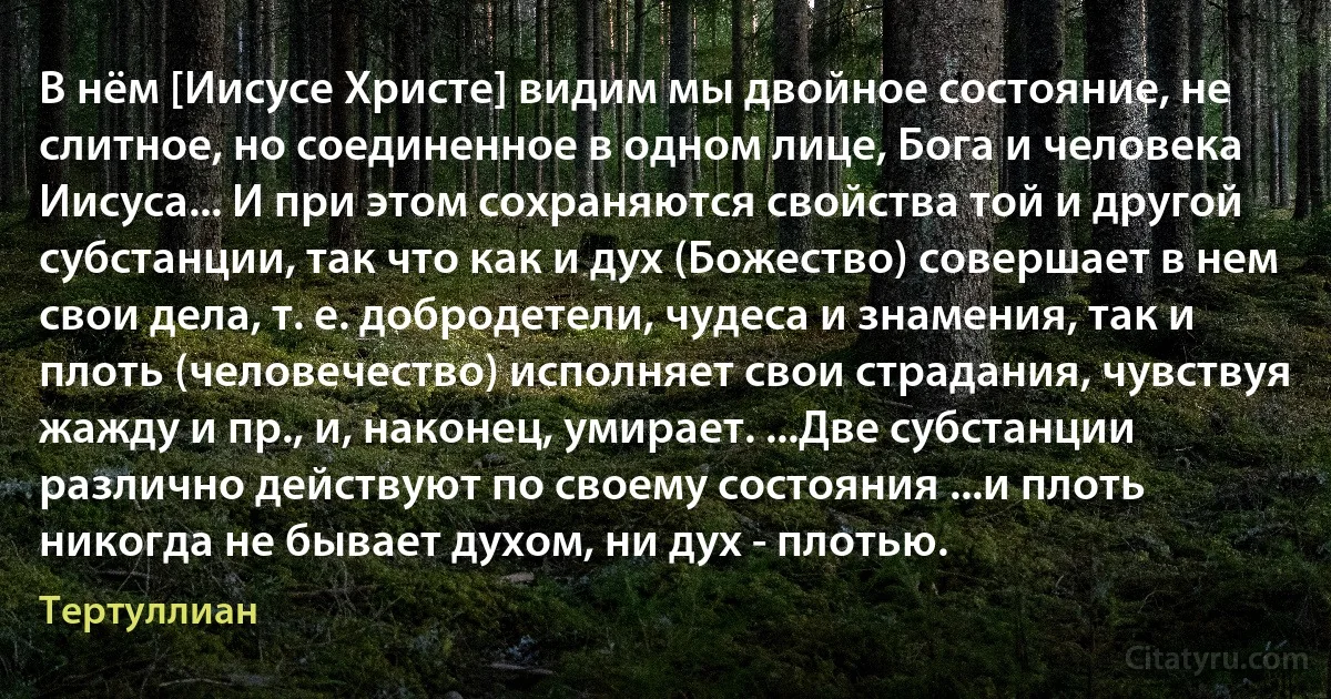 В нём [Иисусе Христе] видим мы двойное состояние, не слитное, но соединенное в одном лице, Бога и человека Иисуса... И при этом сохраняются свойства той и другой субстанции, так что как и дух (Божество) совершает в нем свои дела, т. е. добродетели, чудеса и знамения, так и плоть (человечество) исполняет свои страдания, чувствуя жажду и пр., и, наконец, умирает. ...Две субстанции различно действуют по своему состояния ...и плоть никогда не бывает духом, ни дух - плотью. (Тертуллиан)