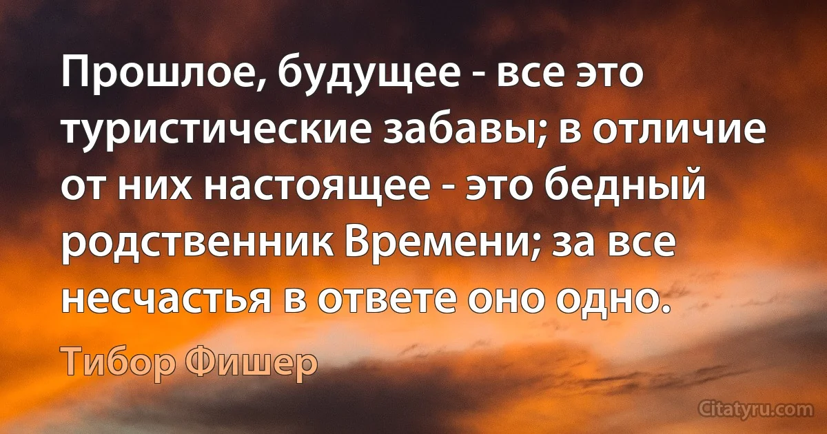 Прошлое, будущее - все это туристические забавы; в отличие от них настоящее - это бедный родственник Времени; за все несчастья в ответе оно одно. (Тибор Фишер)