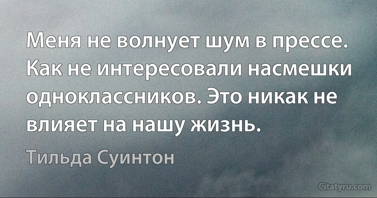 Меня не волнует шум в прессе. Как не интересовали насмешки одноклассников. Это никак не влияет на нашу жизнь. (Тильда Суинтон)