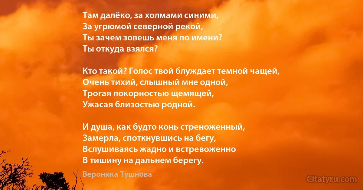 Там далёко, за холмами синими,
За угрюмой северной рекой,
Ты зачем зовешь меня по имени?
Ты откуда взялся?

Кто такой? Голос твой блуждает темной чащей,
Очень тихий, слышный мне одной,
Трогая покорностью щемящей,
Ужасая близостью родной.

И душа, как будто конь стреноженный,
Замерла, споткнувшись на бегу,
Вслушиваясь жадно и встревоженно
В тишину на дальнем берегу. (Вероника Тушнова)