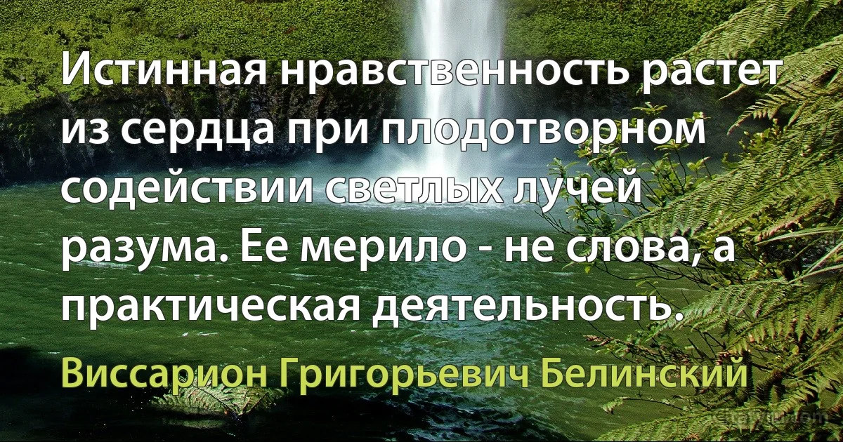 Истинная нравственность растет из сердца при плодотворном содействии светлых лучей разума. Ее мерило - не слова, а практическая деятельность. (Виссарион Григорьевич Белинский)