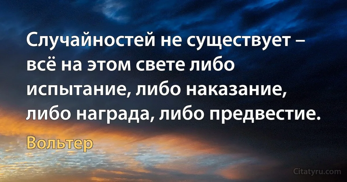 Случайностей не существует – всё на этом свете либо испытание, либо наказание, либо награда, либо предвестие. (Вольтер)