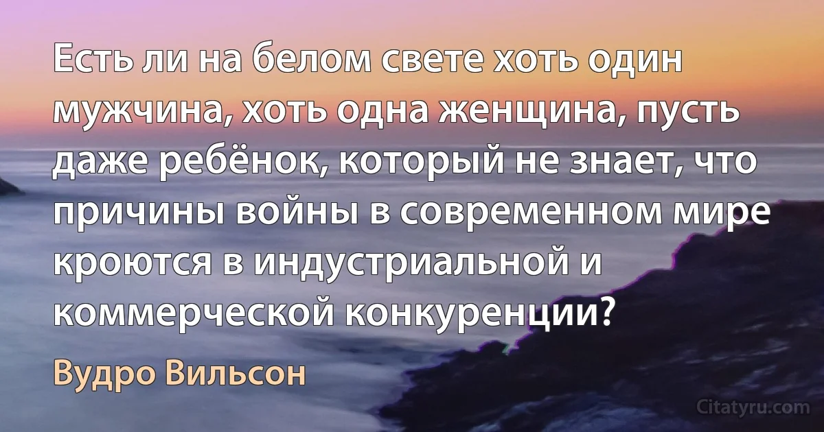 Есть ли на белом свете хоть один мужчина, хоть одна женщина, пусть даже ребёнок, который не знает, что причины войны в современном мире кроются в индустриальной и коммерческой конкуренции? (Вудро Вильсон)