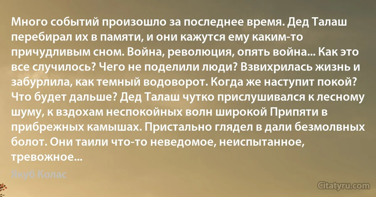 Много событий произошло за последнее время. Дед Талаш перебирал их в памяти, и они кажутся ему каким-то причудливым сном. Война, революция, опять война... Как это все случилось? Чего не поделили люди? Взвихрилась жизнь и забурлила, как темный водоворот. Когда же наступит покой? Что будет дальше? Дед Талаш чутко прислушивался к лесному шуму, к вздохам неспокойных волн широкой Припяти в прибрежных камышах. Пристально глядел в дали безмолвных болот. Они таили что-то неведомое, неиспытанное, тревожное... (Якуб Колас)