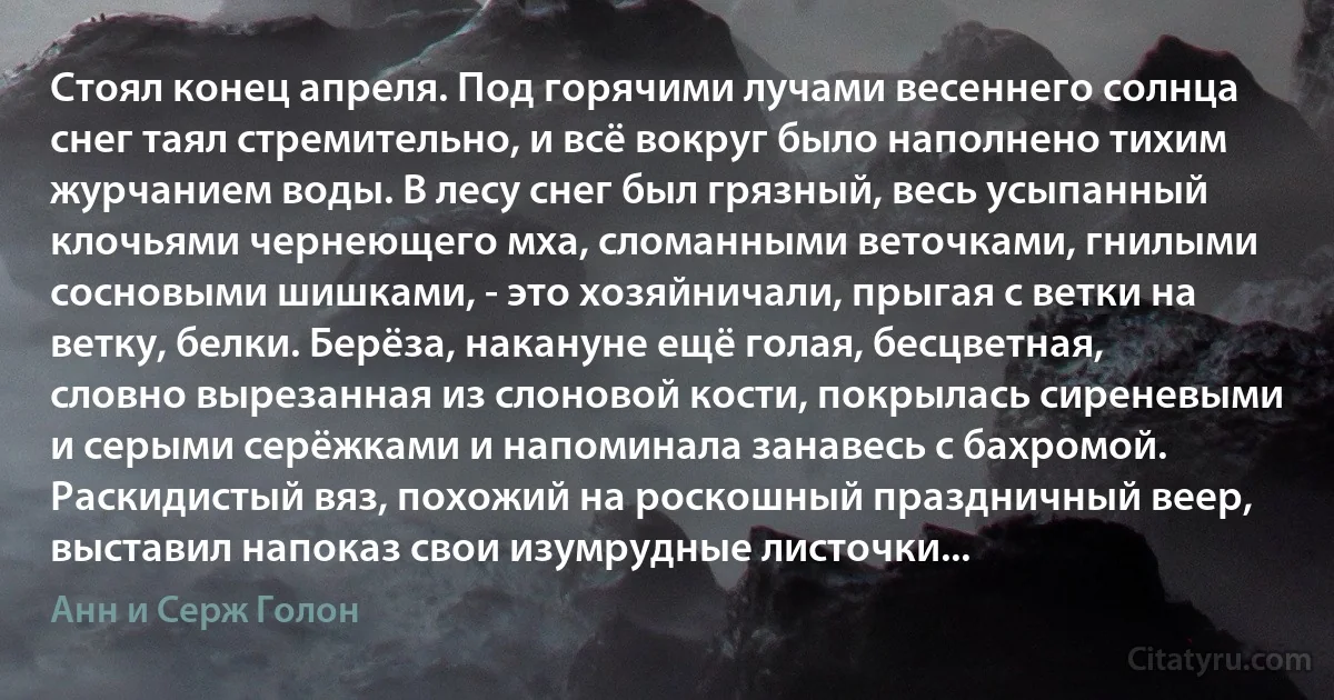 Стоял конец апреля. Под горячими лучами весеннего солнца снег таял стремительно, и всё вокруг было наполнено тихим журчанием воды. В лесу снег был грязный, весь усыпанный клочьями чернеющего мха, сломанными веточками, гнилыми сосновыми шишками, - это хозяйничали, прыгая с ветки на ветку, белки. Берёза, накануне ещё голая, бесцветная, словно вырезанная из слоновой кости, покрылась сиреневыми и серыми серёжками и напоминала занавесь с бахромой. Раскидистый вяз, похожий на роскошный праздничный веер, выставил напоказ свои изумрудные листочки... (Анн и Серж Голон)