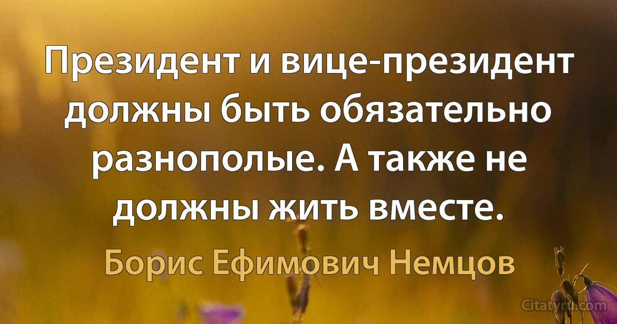 Президент и вице-президент должны быть обязательно разнополые. А также не должны жить вместе. (Борис Ефимович Немцов)