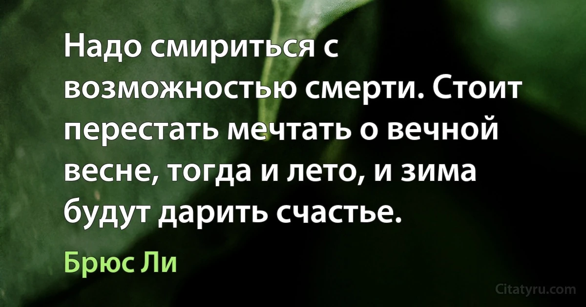 Надо смириться с возможностью смерти. Стоит перестать мечтать о вечной весне, тогда и лето, и зима будут дарить счастье. (Брюс Ли)