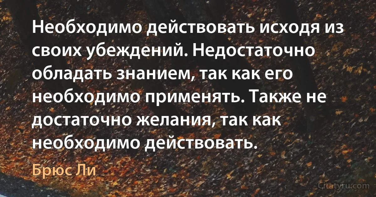 Необходимо действовать исходя из своих убеждений. Недостаточно обладать знанием, так как его необходимо применять. Также не достаточно желания, так как необходимо действовать. (Брюс Ли)