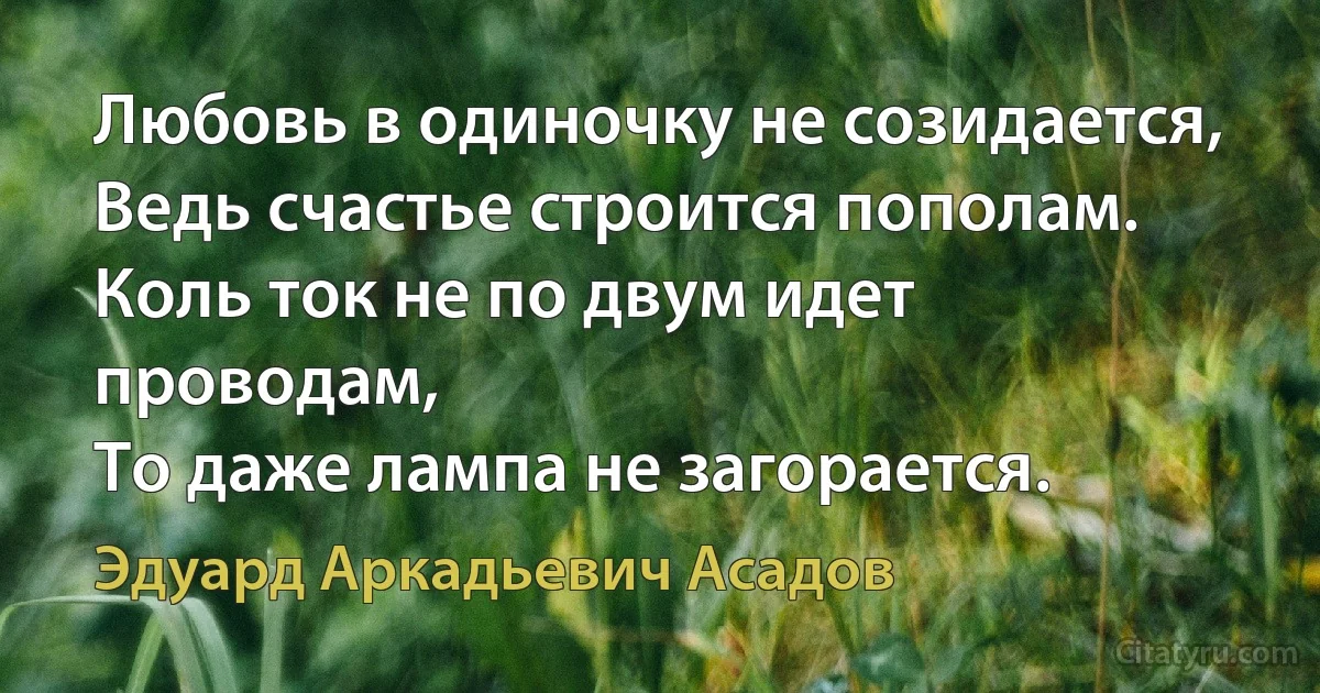 Любовь в одиночку не созидается,
Ведь счастье строится пополам.
Коль ток не по двум идет проводам,
То даже лампа не загорается. (Эдуард Аркадьевич Асадов)