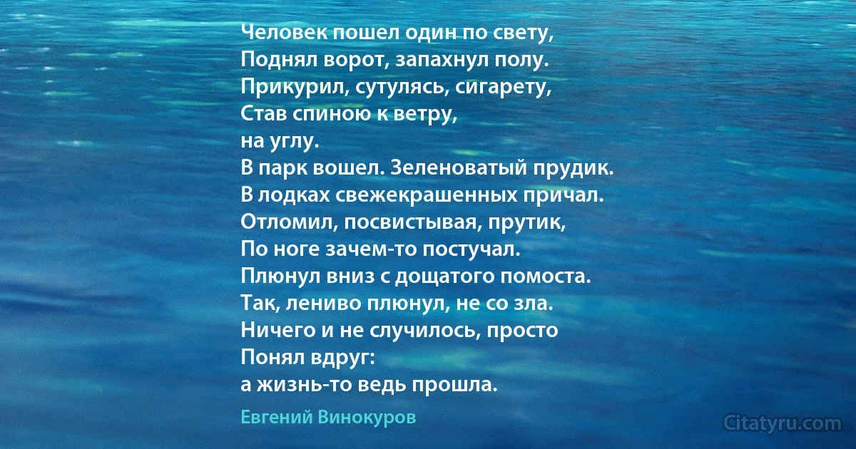 Человек пошел один по свету,
Поднял ворот, запахнул полу.
Прикурил, сутулясь, сигарету,
Став спиною к ветру,
на углу.
В парк вошел. Зеленоватый прудик.
В лодках свежекрашенных причал.
Отломил, посвистывая, прутик,
По ноге зачем-то постучал.
Плюнул вниз с дощатого помоста.
Так, лениво плюнул, не со зла.
Ничего и не случилось, просто
Понял вдруг:
а жизнь-то ведь прошла. (Евгений Винокуров)