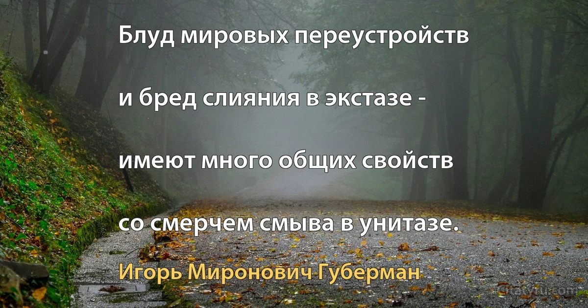 Блуд мировых переустройств

и бред слияния в экстазе -

имеют много общих свойств

со смерчем смыва в унитазе. (Игорь Миронович Губерман)