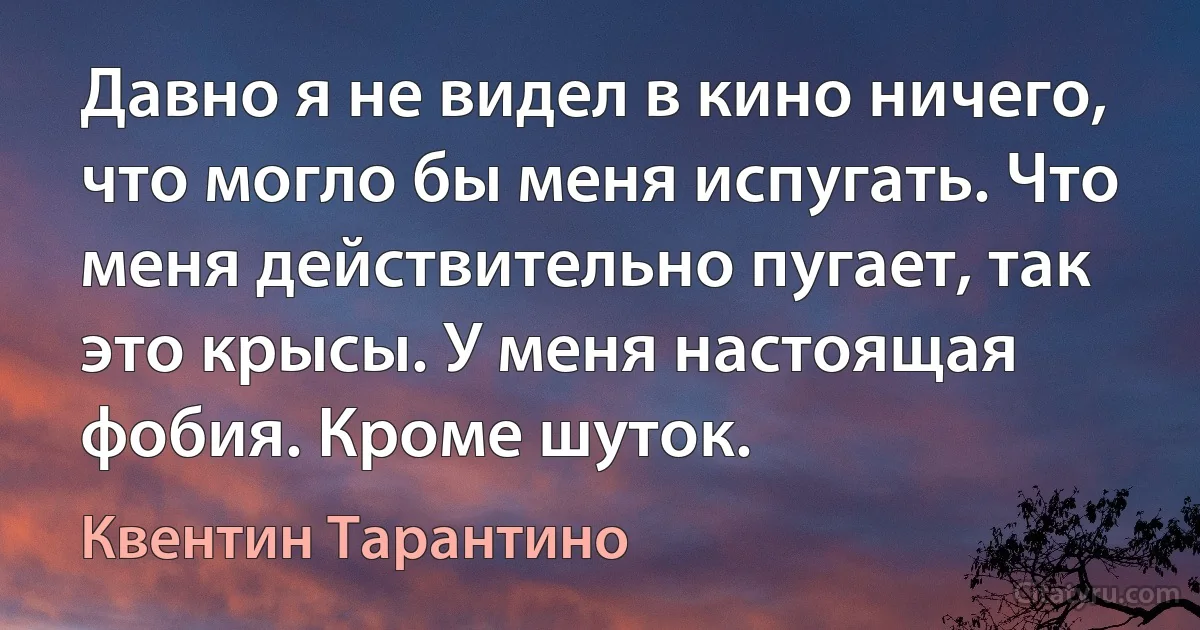 Давно я не видел в кино ничего, что могло бы меня испугать. Что меня действительно пугает, так это крысы. У меня настоящая фобия. Кроме шуток. (Квентин Тарантино)