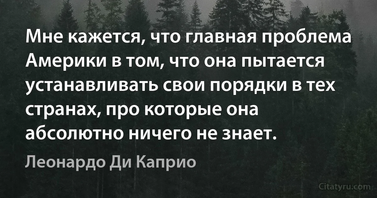 Мне кажется, что главная проблема Америки в том, что она пытается устанавливать свои порядки в тех странах, про которые она абсолютно ничего не знает. (Леонардо Ди Каприо)