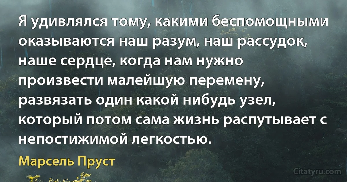 Я удивлялся тому, какими беспомощными оказываются наш разум, наш рассудок, наше сердце, когда нам нужно произвести малейшую перемену, развязать один какой нибудь узел, который потом сама жизнь распутывает с непостижимой легкостью. (Марсель Пруст)