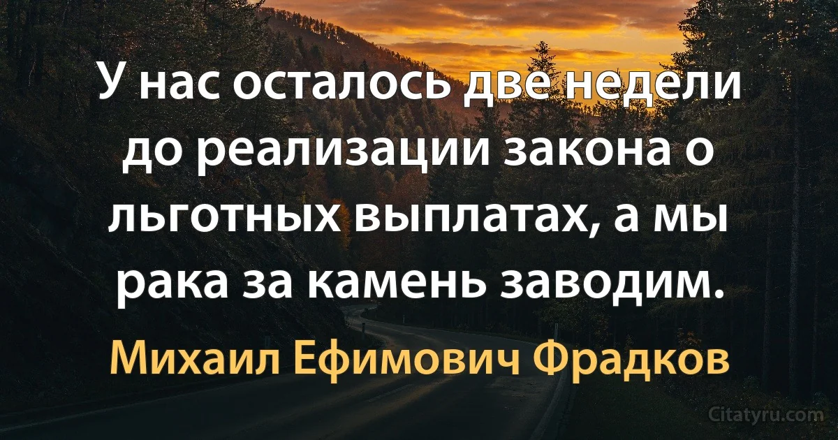 У нас осталось две недели до реализации закона о льготных выплатах, а мы рака за камень заводим. (Михаил Ефимович Фрадков)