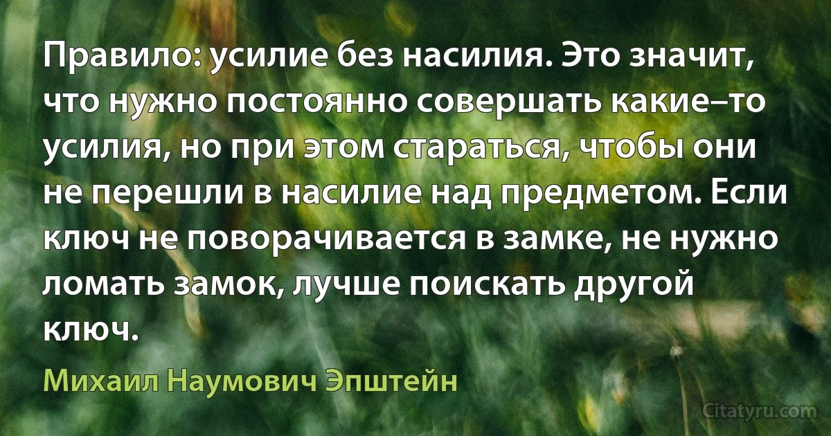 Правило: усилие без насилия. Это значит, что нужно постоянно совершать какие–то усилия, но при этом стараться, чтобы они не перешли в насилие над предметом. Если ключ не поворачивается в замке, не нужно ломать замок, лучше поискать другой ключ. (Михаил Наумович Эпштейн)