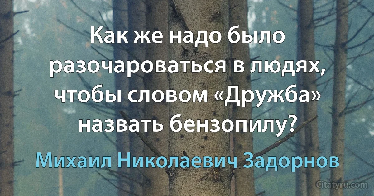 Как же надо было разочароваться в людях, чтобы словом «Дружба» назвать бензопилу? (Михаил Николаевич Задорнов)