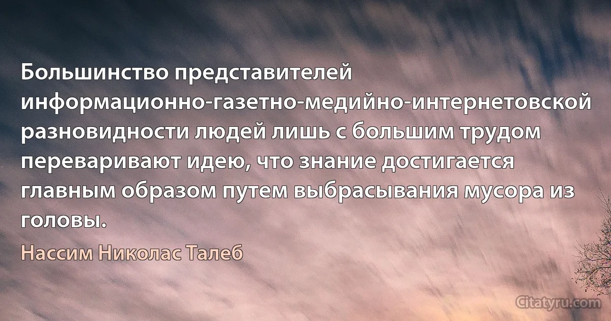 Большинство представителей информационно-газетно-медийно-интернетовской разновидности людей лишь с большим трудом переваривают идею, что знание достигается главным образом путем выбрасывания мусора из головы. (Нассим Николас Талеб)