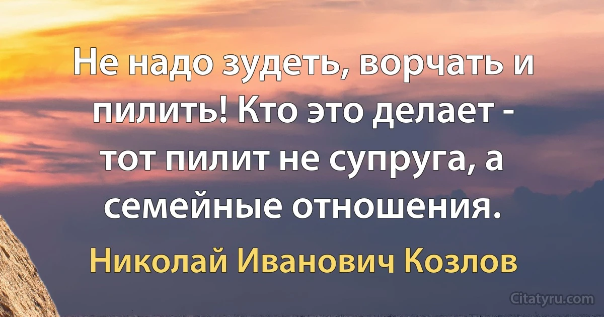 Не надо зудеть, ворчать и пилить! Кто это делает - тот пилит не супруга, а семейные отношения. (Николай Иванович Козлов)