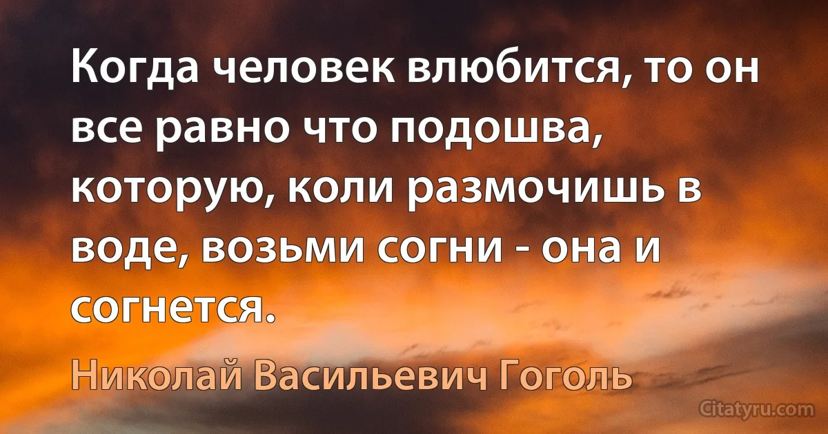 Когда человек влюбится, то он все равно что подошва, которую, коли размочишь в воде, возьми согни - она и согнется. (Николай Васильевич Гоголь)