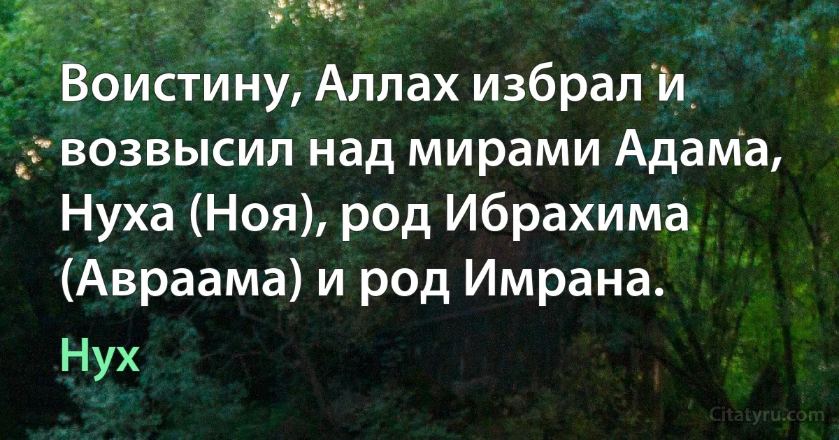 Воистину, Аллах избрал и возвысил над мирами Адама, Нуха (Ноя), род Ибрахима (Авраама) и род Имрана. (Нух)