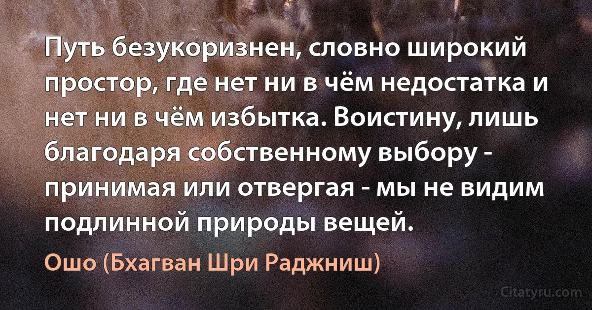 Путь безукоризнен, словно широкий простор, где нет ни в чём недостатка и нет ни в чём избытка. Воистину, лишь благодаря собственному выбору - принимая или отвергая - мы не видим подлинной природы вещей. (Ошо (Бхагван Шри Раджниш))