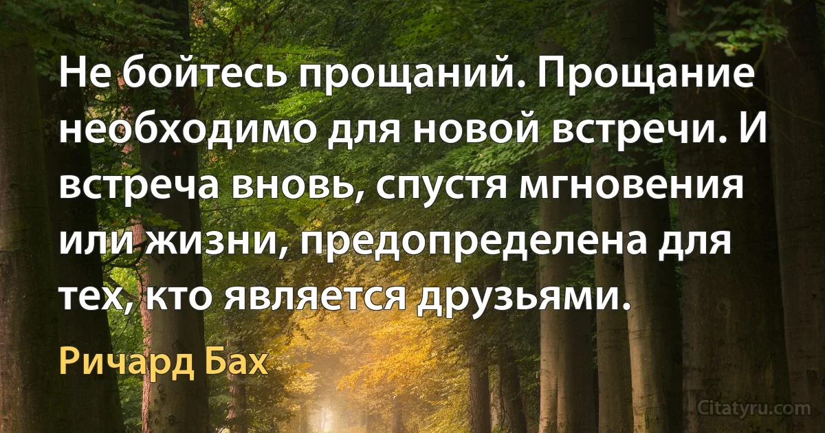 Не бойтесь прощаний. Прощание необходимо для новой встречи. И встреча вновь, спустя мгновения или жизни, предопределена для тех, кто является друзьями. (Ричард Бах)