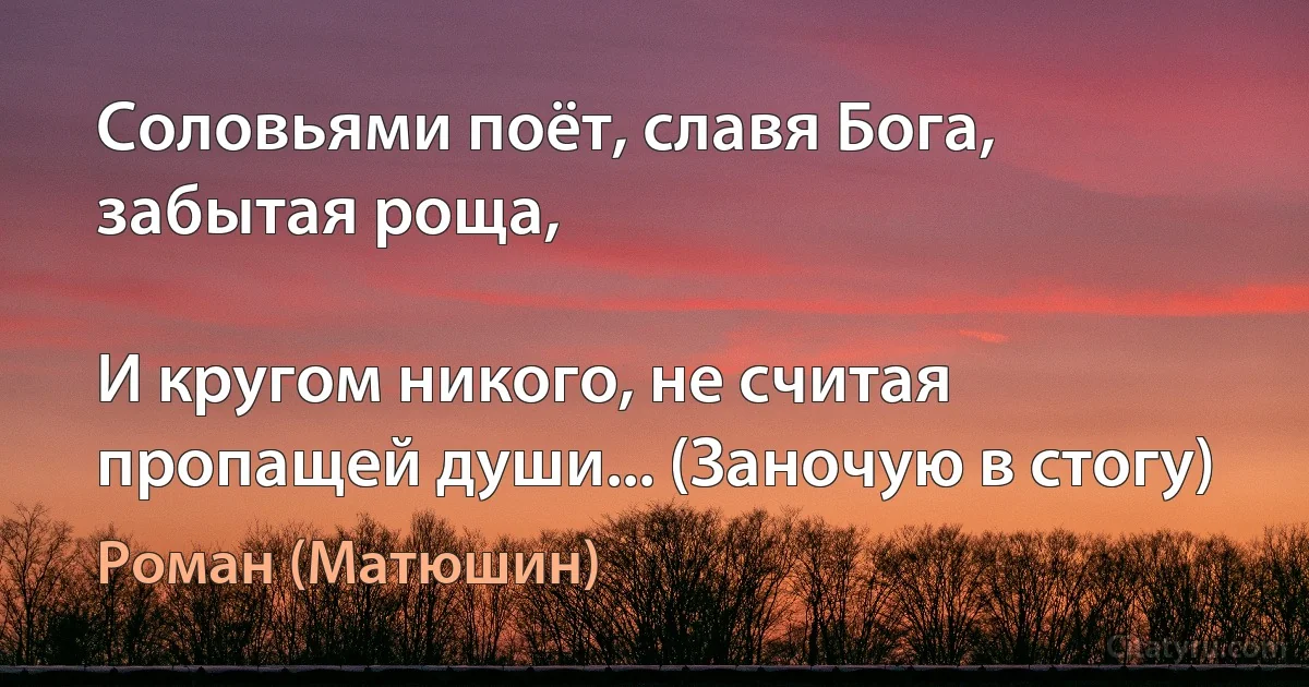 Соловьями поёт, славя Бога, забытая роща,

И кругом никого, не считая пропащей души... (Заночую в стогу) (Роман (Матюшин))