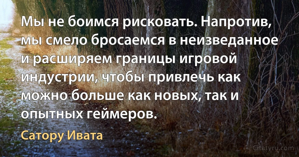 Мы не боимся рисковать. Напротив, мы смело бросаемся в неизведанное и расширяем границы игровой индустрии, чтобы привлечь как можно больше как новых, так и опытных геймеров. (Сатору Ивата)