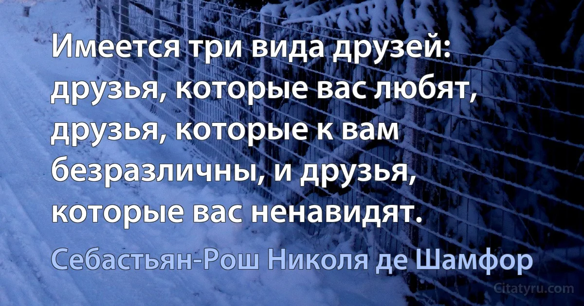 Имеется три вида друзей: друзья, которые вас любят, друзья, которые к вам безразличны, и друзья, которые вас ненавидят. (Себастьян-Рош Николя де Шамфор)