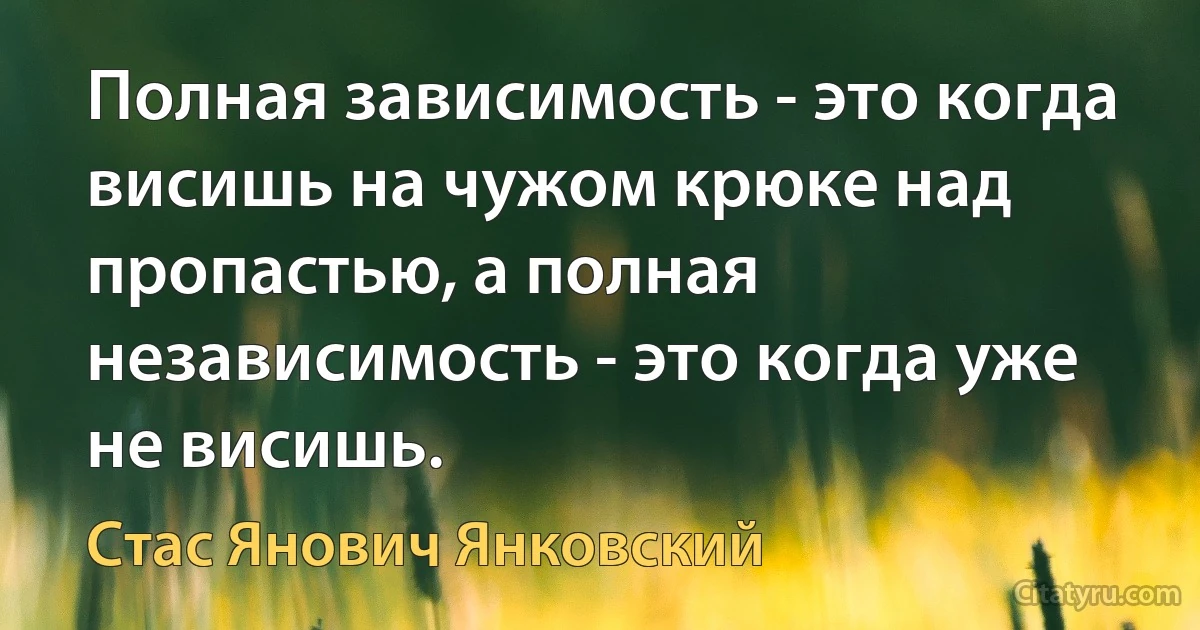 Полная зависимость - это когда висишь на чужом крюке над пропастью, а полная независимость - это когда уже не висишь. (Стас Янович Янковский)