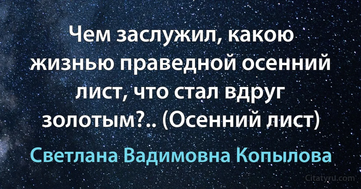 Чем заслужил, какою жизнью праведной осенний лист, что стал вдруг золотым?.. (Осенний лист) (Светлана Вадимовна Копылова)