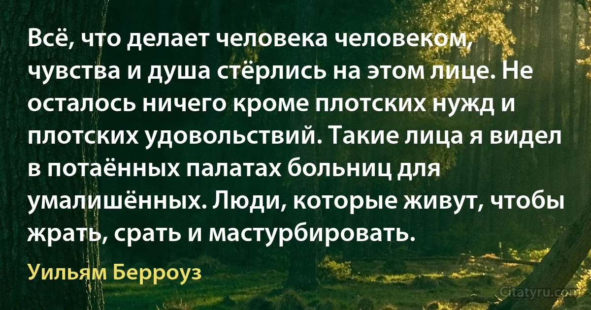 Всё, что делает человека человеком, чувства и душа стёрлись на этом лице. Не осталось ничего кроме плотских нужд и плотских удовольствий. Такие лица я видел в потаённых палатах больниц для умалишённых. Люди, которые живут, чтобы жрать, срать и мастурбировать. (Уильям Берроуз)