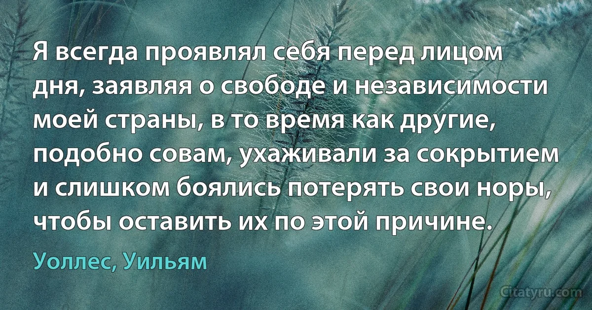 Я всегда проявлял себя перед лицом дня, заявляя о свободе и независимости моей страны, в то время как другие, подобно совам, ухаживали за сокрытием и слишком боялись потерять свои норы, чтобы оставить их по этой причине. (Уоллес, Уильям)