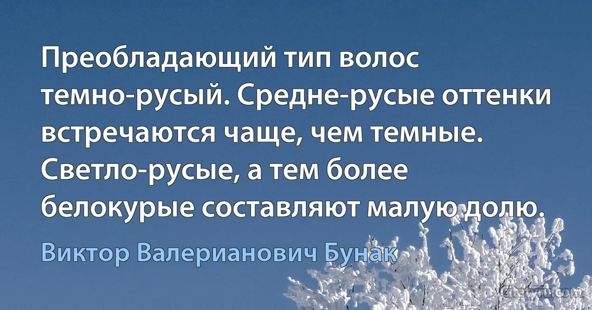 Преобладающий тип волос темно-русый. Средне-русые оттенки встречаются чаще, чем темные. Светло-русые, а тем более белокурые составляют малую долю. (Виктор Валерианович Бунак)